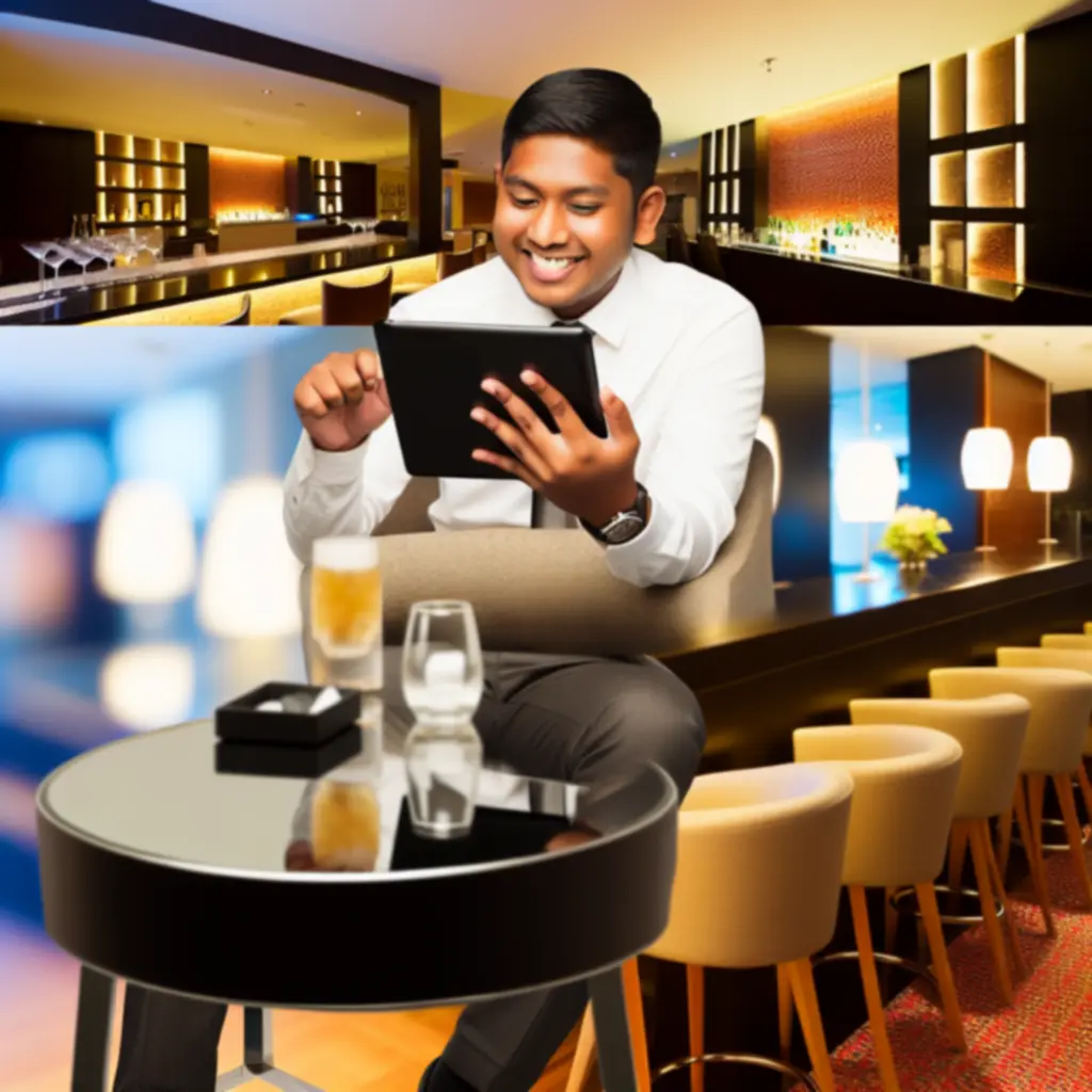 Gość wypełniający formularz rezerwacyjny w SportView Lounge przy barze