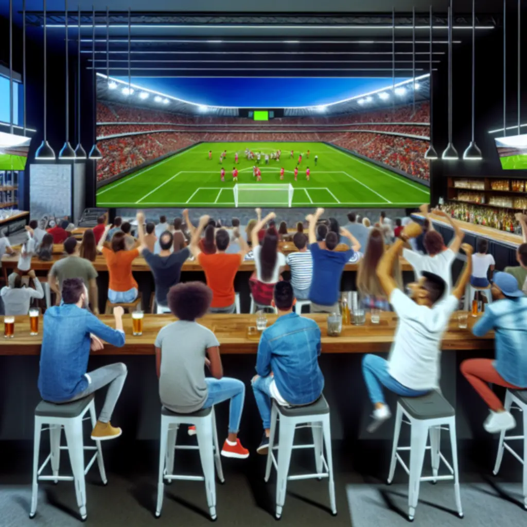 Kibice oglądający mecz na dużych ekranach HD.