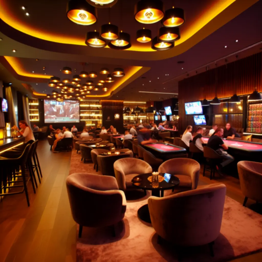 Wnętrze SportView Lounge z barową strefą i ekranami sportowymi.