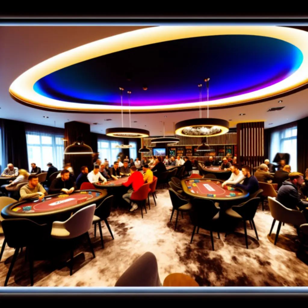 Strefa pokerowa z graczami przy profesjonalnych stołach.