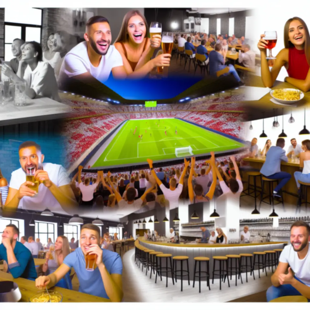 Grupa kibiców oglądających mecz na dużym ekranie w SportView Lounge