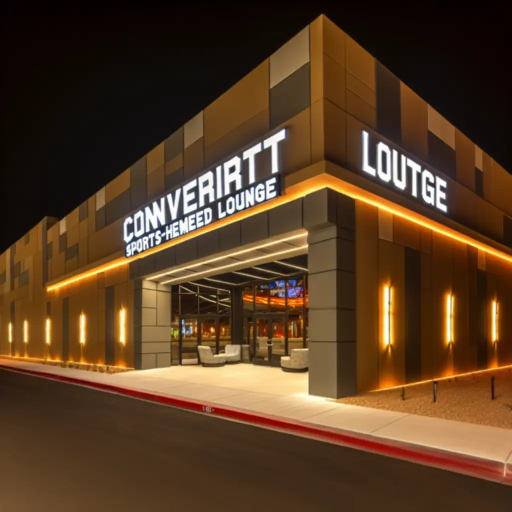 Wejście do SportView Lounge nocą z podświetlonym logotypem